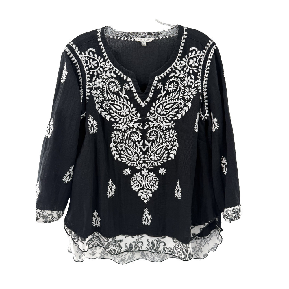 John Mark Women's Black & White V-Neck Embroidered Tunic Size Small